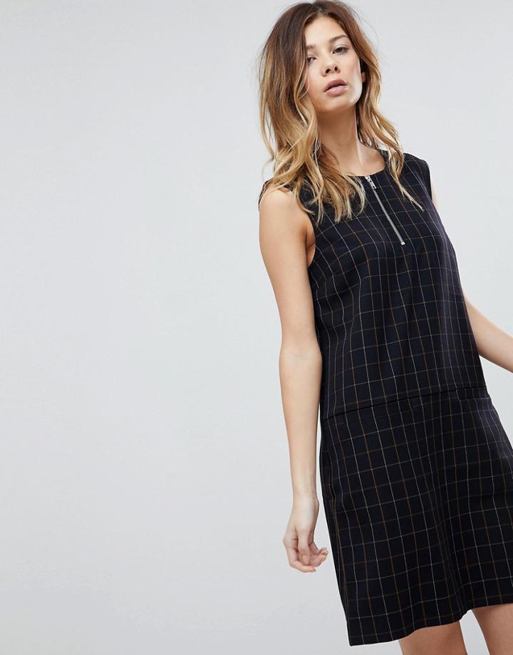 Pieces Check Midi Shift Dress With Zip In Navy