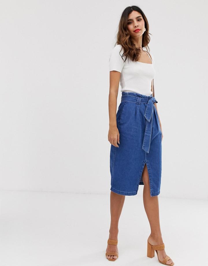 Vero Moda Denim Midi Skirt With Tie Waist - Blue