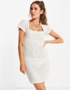 Asos Design Crochet Short Sleeve Square Neck Mini In Cream-white