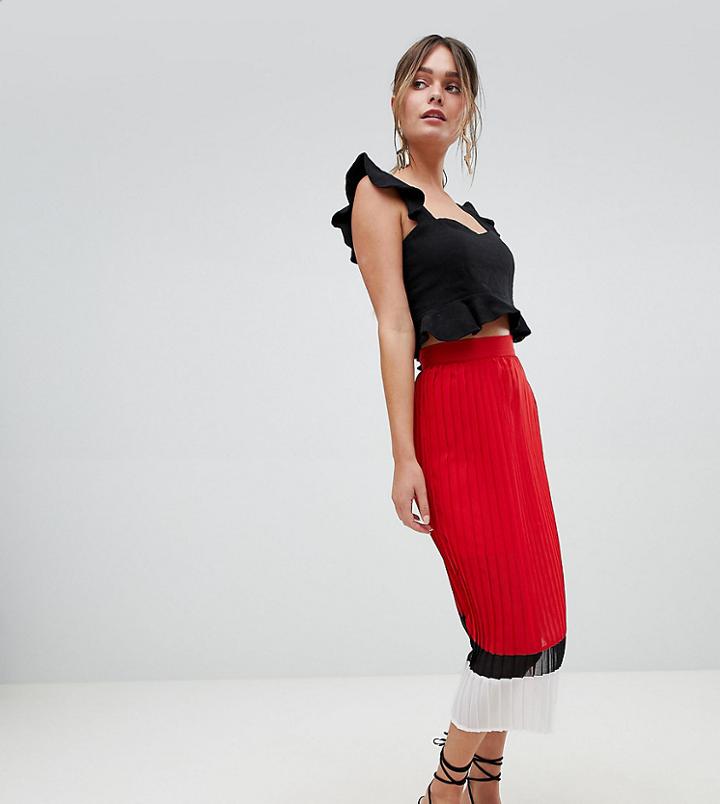Prettylittlething Color Block Pleated Skirt - Red