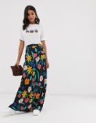 Neon Rose Bias Cut Maxi Skirt In Retro Floral - Multi