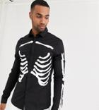 Asos Design Tall Halloween Skinny Skeleton Rib Cage Printed Shirt In Black
