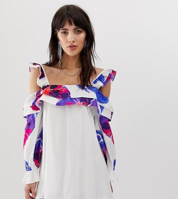 Dusty Daze Off Shoulder Swing Dress With Floral Print-white