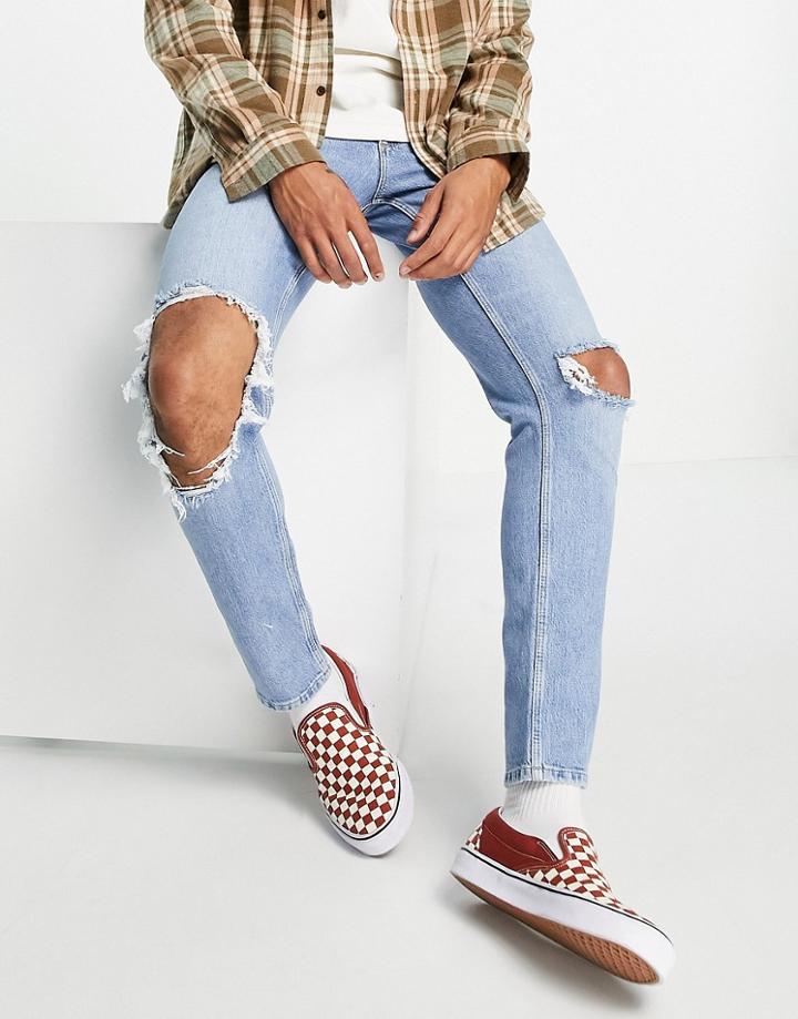 Asos Design Stretch Slim Jeans In Vintage Light Wash With Open Knee Rip-blues