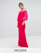 Tfnc Off Shoulder Fishtail Maxi Dress With Blouson Sleeve - Pink