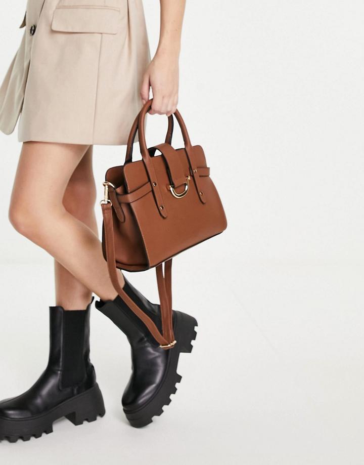 Asos Design Small Tote Bag In Tan With Gold Hardware-brown