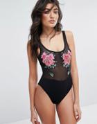 New Look Embroidered Rose Mesh Swimsuit - Black