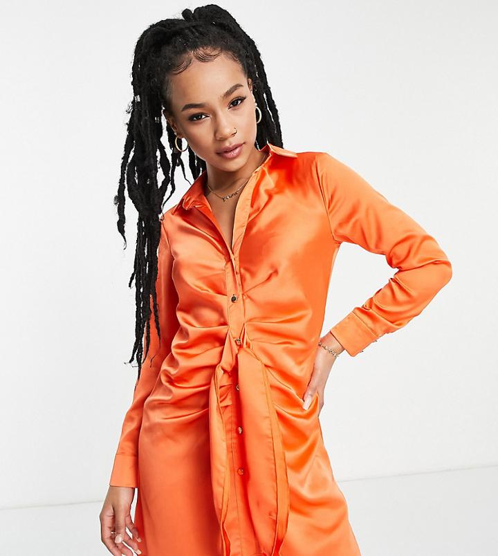 New Look Petite Tie Front Satin Dress In Orange