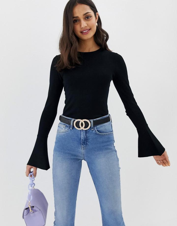 Asos Design Skinny Crew Neck Sweater With Flared Sleeve - Black