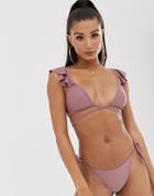 Asos Design Plunge Frill Bikini Top In Mauve - Purple