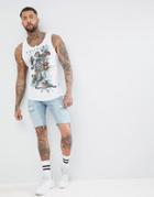 Religion Longline Tank In White With Curved Hem And Praying Skeleton Print - White