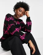 Asos Design Sweater In Barbed Wire Pattern-black