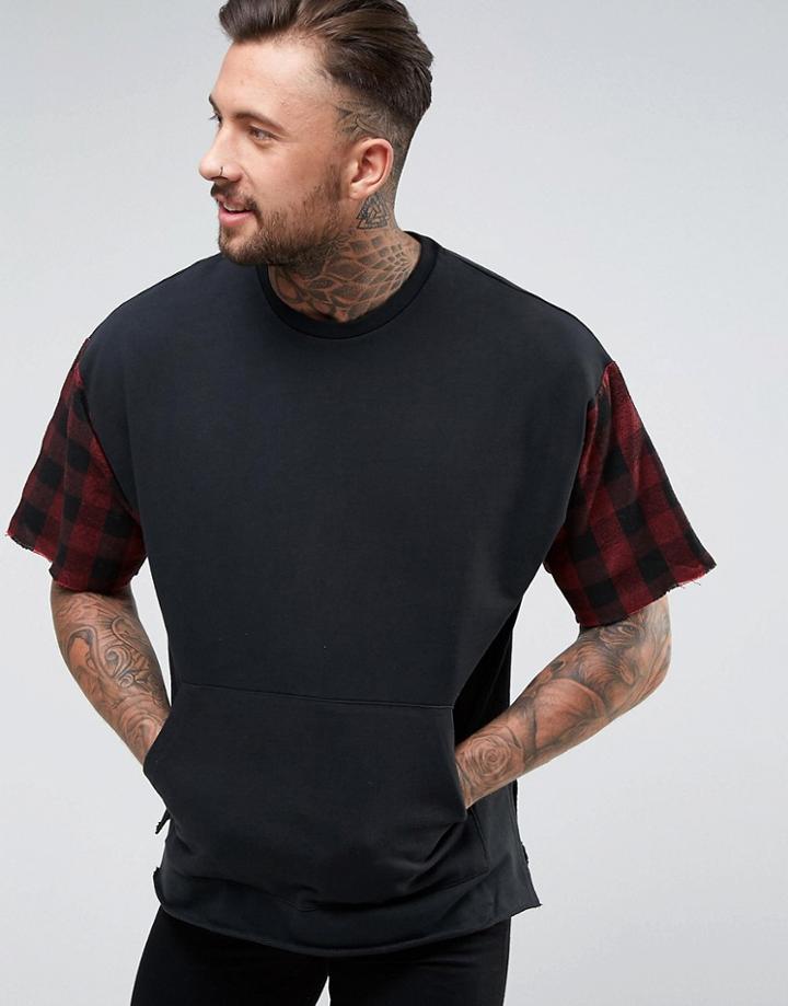 Asos Oversized Sweatshirt With Checked Sleeves - Navy