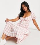 Miss Selfridge Petite Gingham Chiffon Midi Dress In Pink