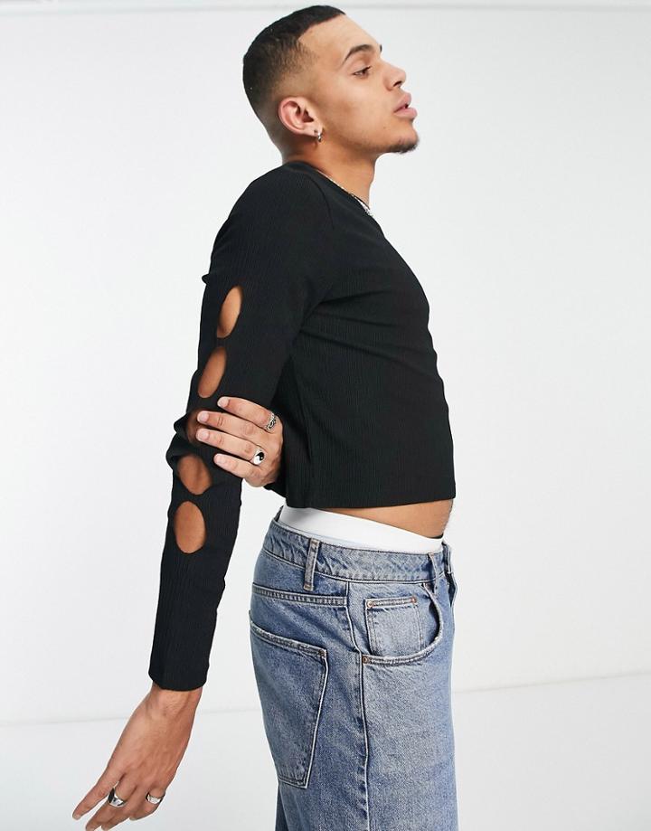 Asos Design Muscle Long Sleeve T-shirt In Black Texture With Sleeve Cut Outs