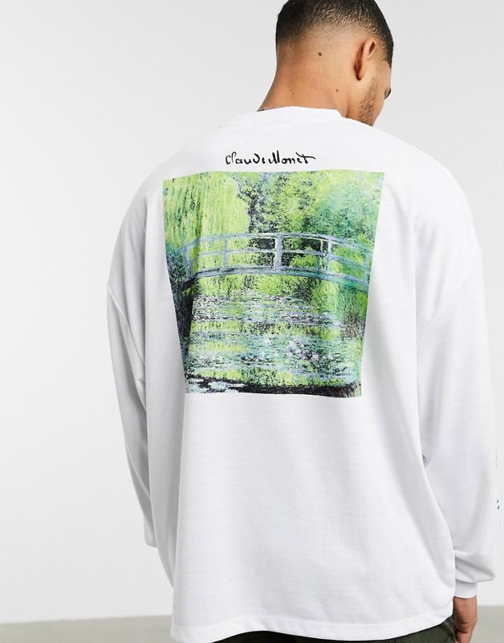 Asos Design Claude Monet Oversized Long Sleeve T-shirt With Multiple Print Placements-white