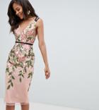 Asos Design Tall Floral Embroidered Pencil Midi Dress - Multi