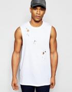 Asos Longline Sleeveless T-shirt With Distressing And Dropped Armhole - White