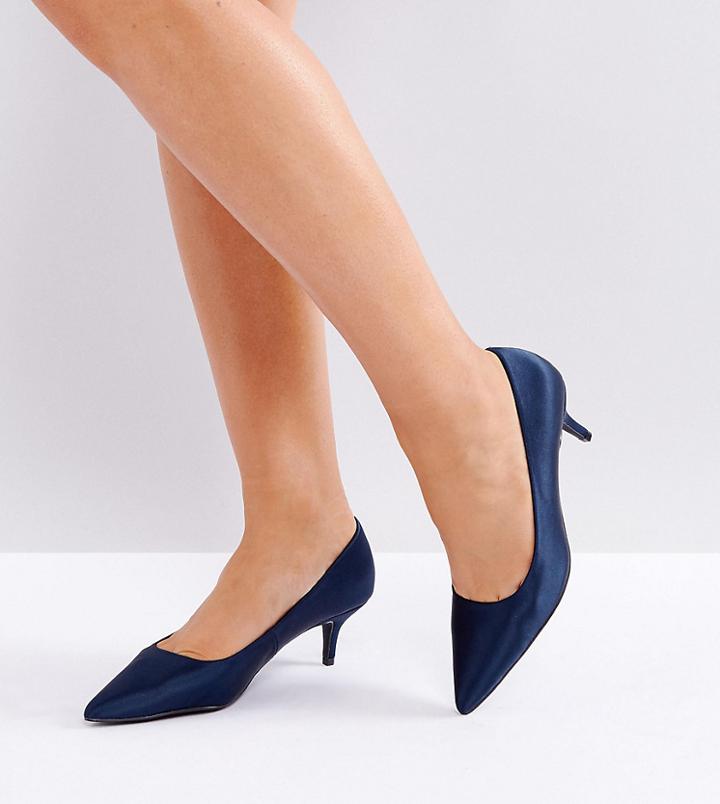 New Look Wide Fit Satin Pointed Kitten Heel Court - Navy