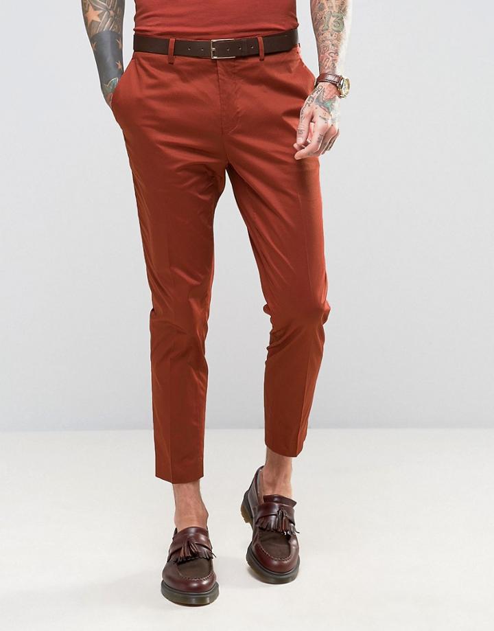 Devils Advocate Skinny Fit Rust Cotton Sateen Cropped Suit Pants - Brown