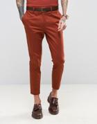 Devils Advocate Skinny Fit Rust Cotton Sateen Cropped Suit Pants - Brown