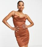 Parisian Petite Satin Cami Strap Mini Dress With Cowl Neck In Capuccino-brown