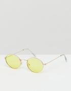 Asos Design Oval Sunglasses In Silver Metal With Yellow Lens - Silver