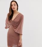 Asos Design Tall Kimono Sleeve Drape Knot Back Mini Dress-brown