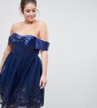 Chi Chi London Plus Off Shoulder Midi Dress With Bow Front And Premium Lace Detail - Navy