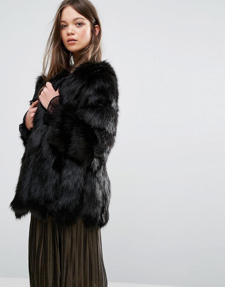 Jayley Luxurious Stripe Faux Fur Jacket - Black