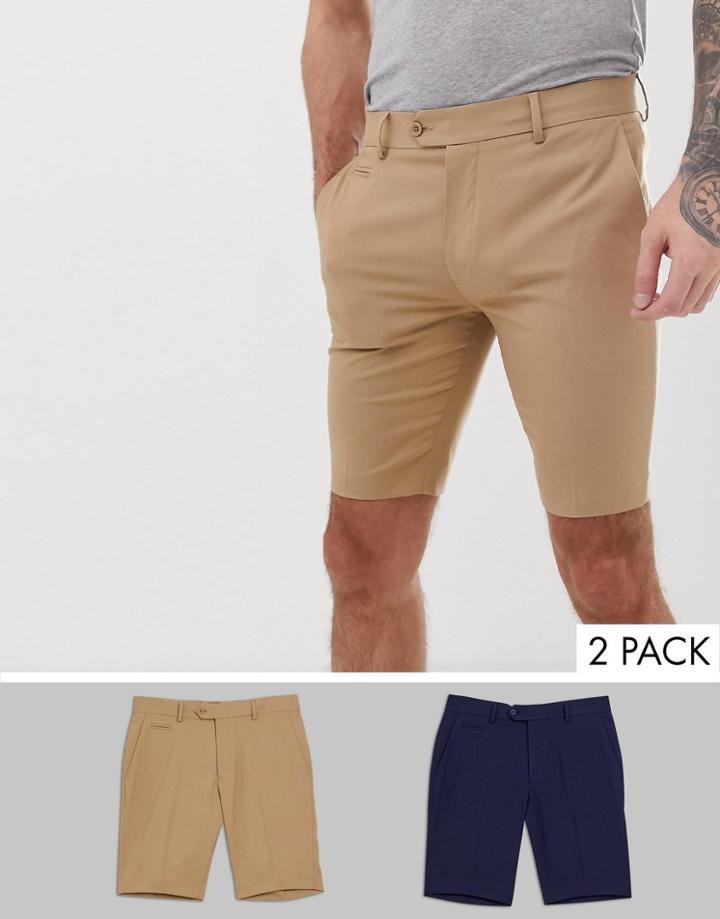 Asos Design 2 Pack Slim Smart Shorts In Stone And Navy - Multi