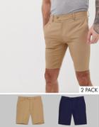 Asos Design 2 Pack Slim Smart Shorts In Stone And Navy - Multi