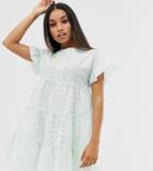 Prettylittlething Petite Broderie Smock Dress In Mint - Green