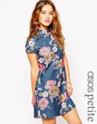 Asos Petite High Neck Mini Dress In Textured Floral Print - Floral