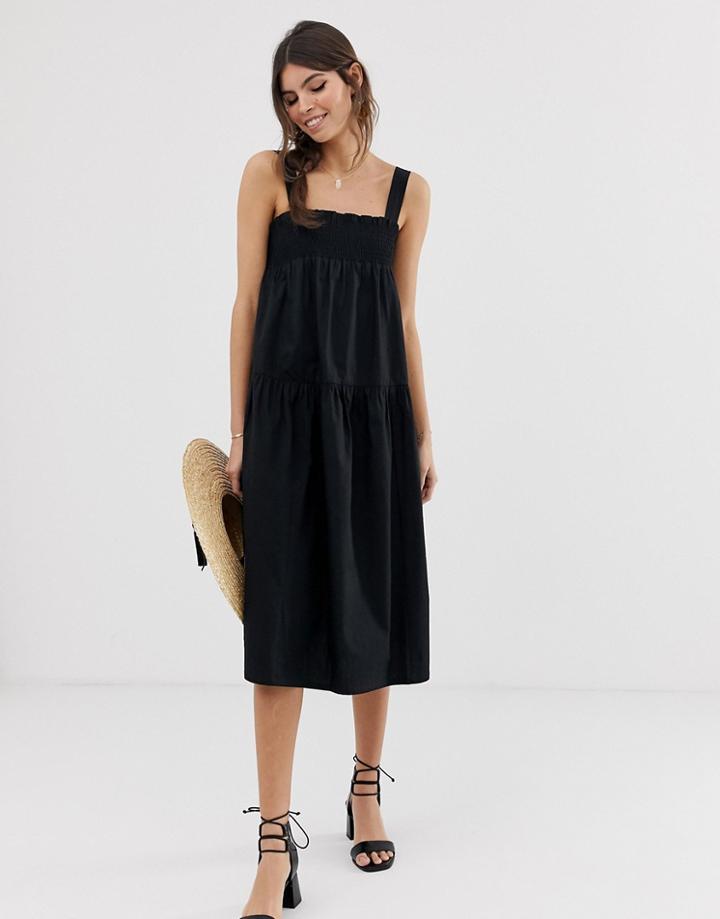 Asos Design Shirred Trapeze Midi Cotton Sundress - Black