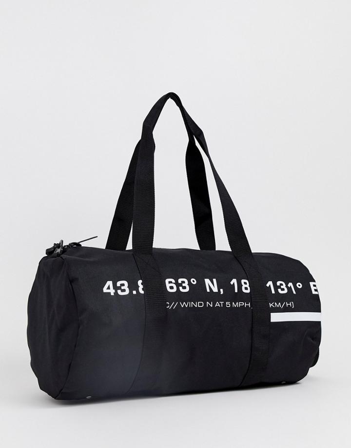 Asos Design Barrel Bag In Black With White Text Print - Black