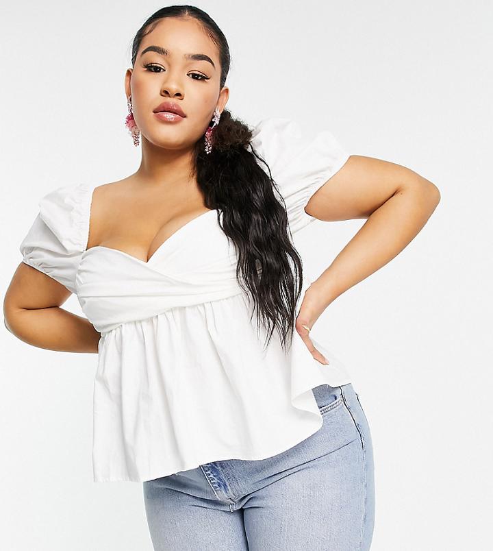 Saint Genies Plus Puff Sleeve Peplum Top In White