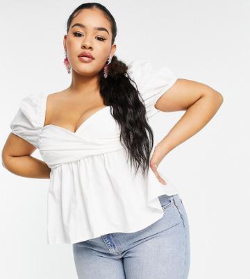 Saint Genies Plus Puff Sleeve Peplum Top In White