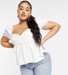Saint Genies Plus Puff Sleeve Peplum Top In White