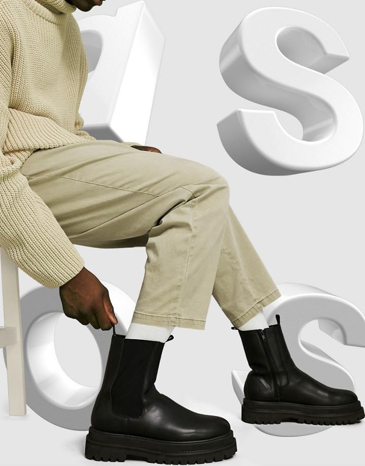 Asos Design Chelsea Calf Boots In Black Faux Leather