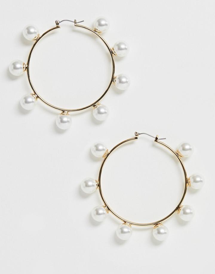 Asos Design Hoop Earrings With Pearl Station In Gold Tone - Gold