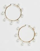 Asos Design Hoop Earrings With Pearl Station In Gold Tone - Gold