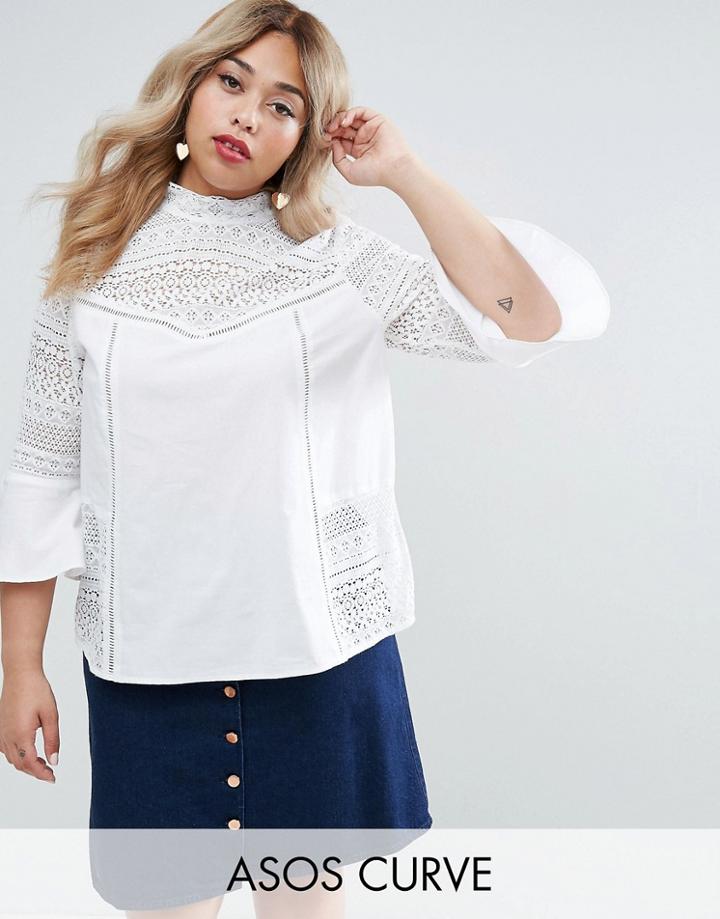 Asos Curve Cotton Ruffle Front Top With Lace And Pintuck Detail - White