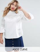 Asos Curve Cotton Ruffle Front Top With Lace And Pintuck Detail - White
