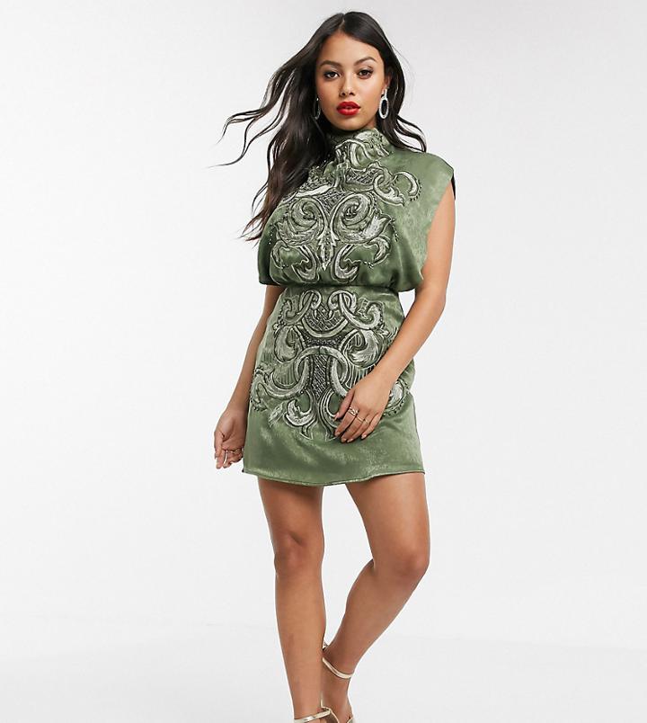 Asos Design Petite High Neck Embroidered Mini Dress In Satin-navy