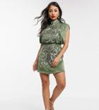 Asos Design Petite High Neck Embroidered Mini Dress In Satin-navy