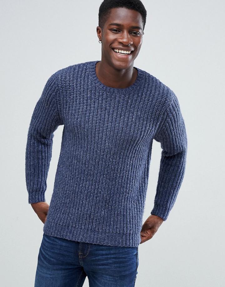 Asos Design Heavyweight Fisherman Rib Sweater In Navy - Navy