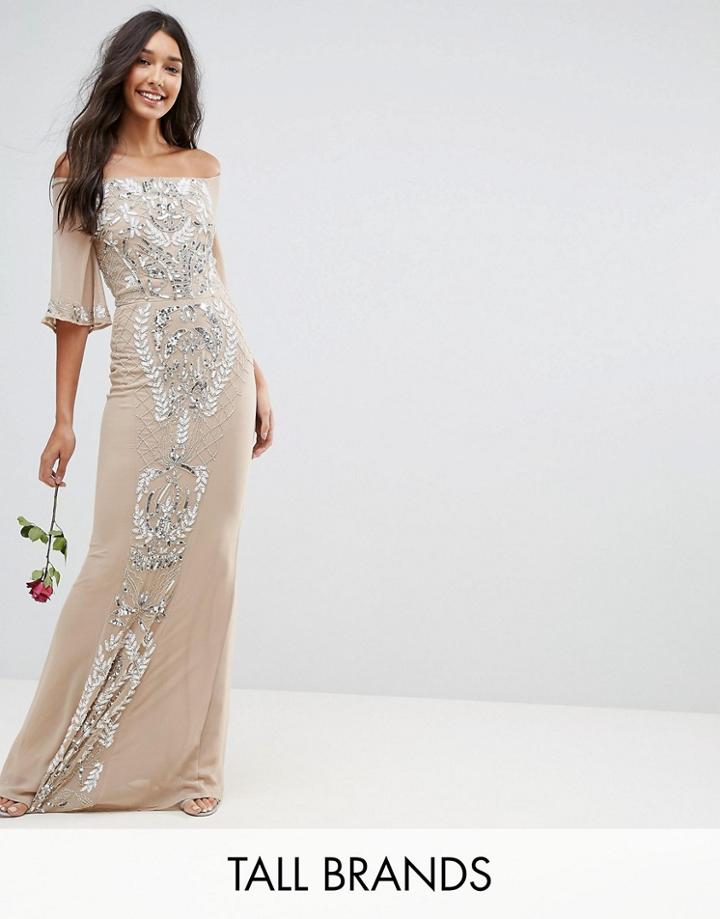 Maya Tall Allover Embellished Bandeau Maxi Dress With Balloon Sleeves - Pink