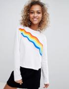 Asos Design Long Sleeve T-shirt With Rainbow Print - White