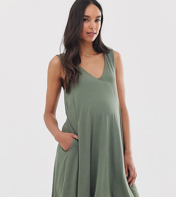 Asos Design Maternity Exclusive Ultimate Swing Dress With Concealed Pockets - Green